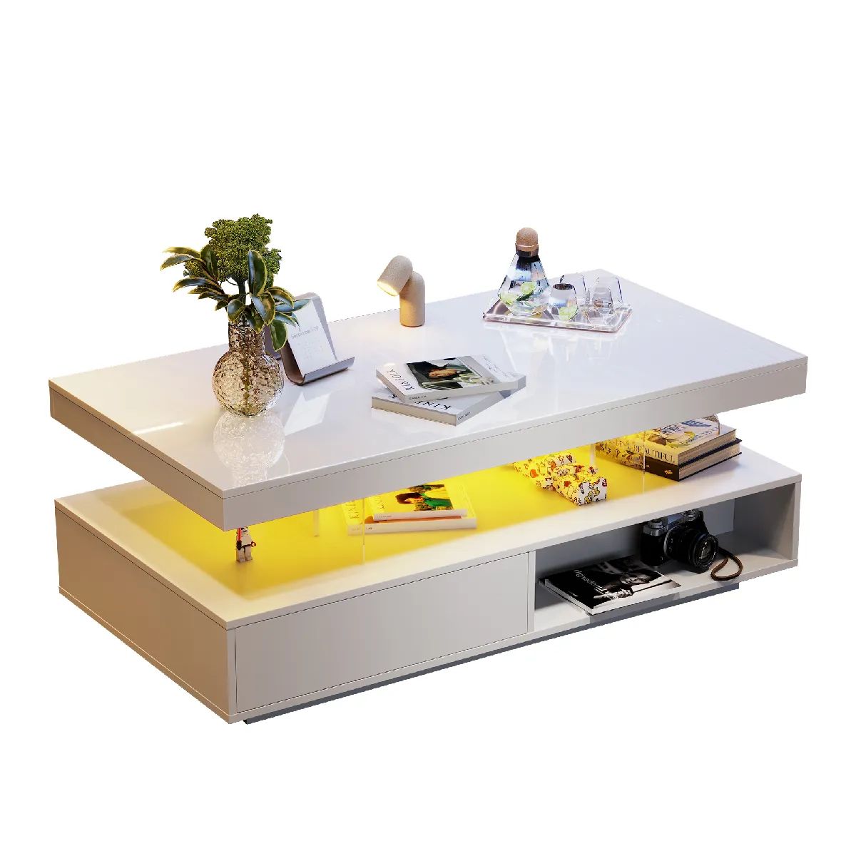 Table Basse Moderne 95x50x42,5cm, LED, 2 Tiroirs, 2 Niches, Panneaux de particules, blanc