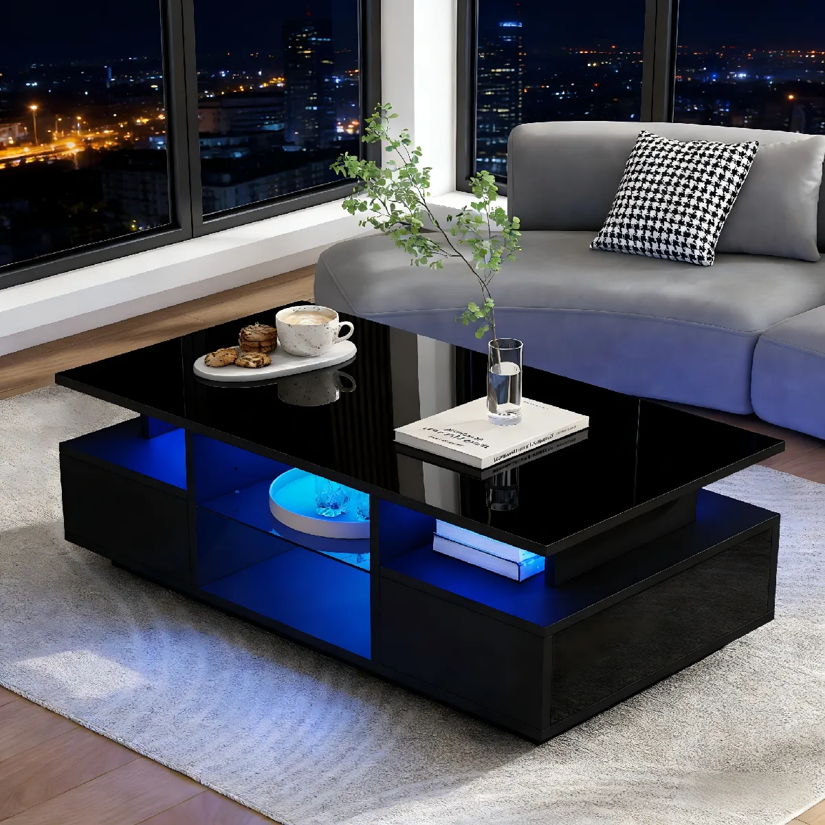 Table basse 100x50x36 cm LED 2 tiroirs panneau de particules noir