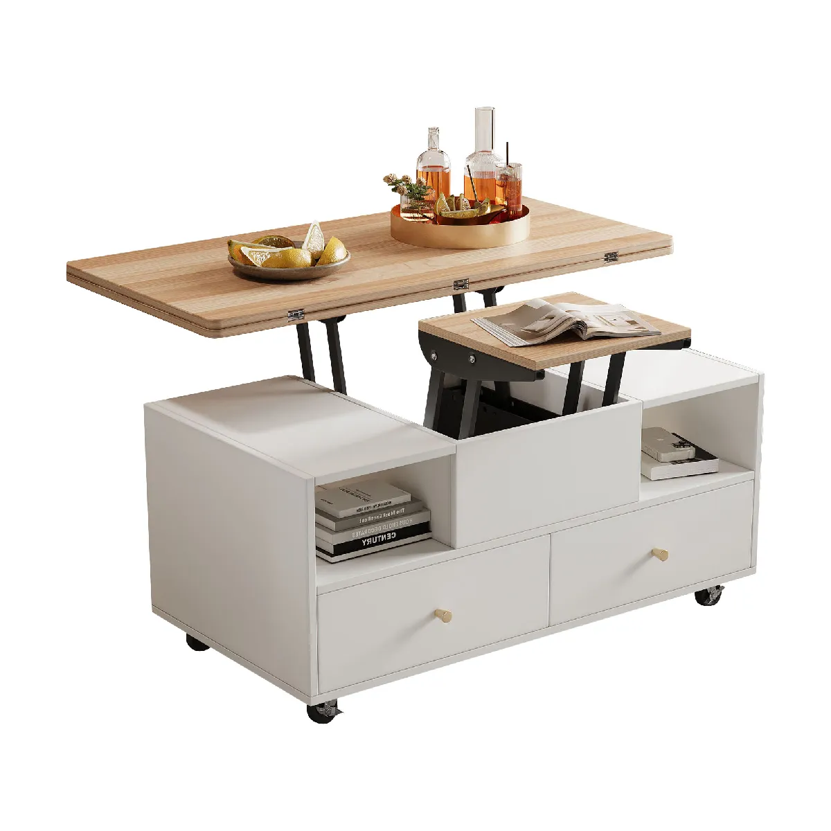 Table Basse Revelable 100x50x47.5-62 Cm Avec 4 Tiroirs, Compartiments Ouverts, Mdf, Blanc