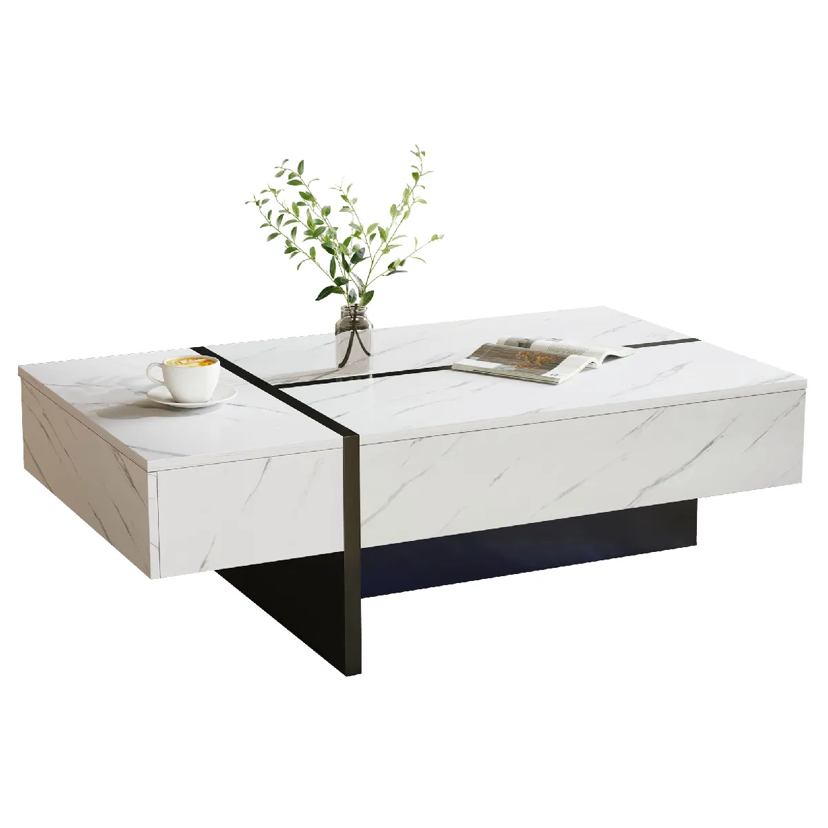 Table basse LED 105x60x35 cm, 3 tiroirs, Design irrégulier, Panneaux de particules, Blanc