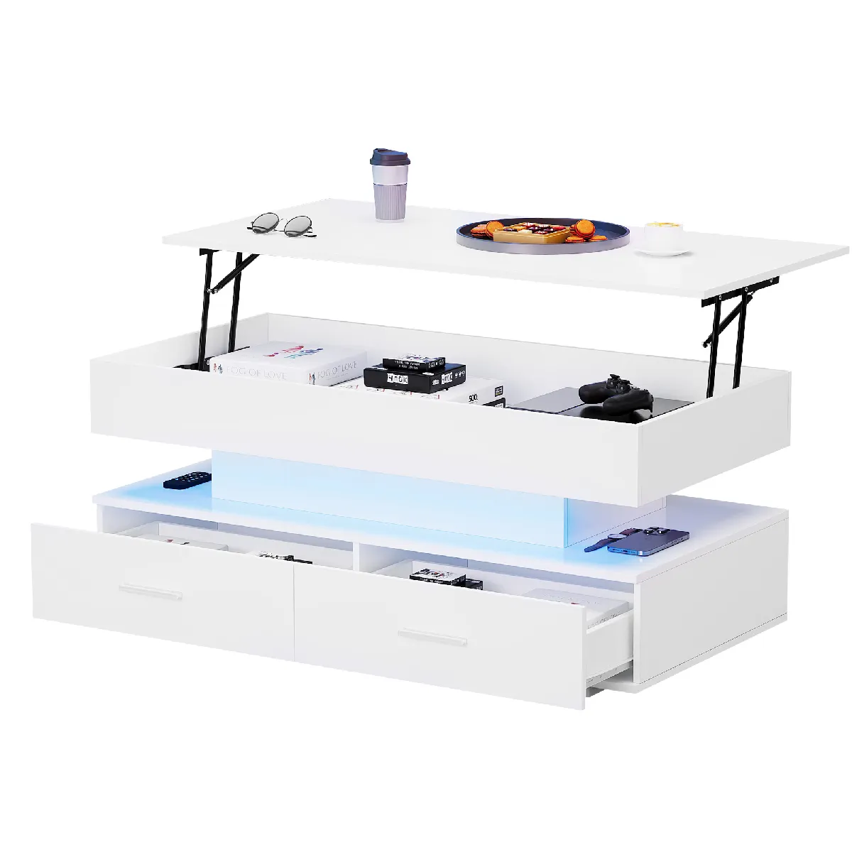 Table basse relevable 100 cm, LED, 2 tiroirs, rangement ouvert, Panneaux Particules, blanc