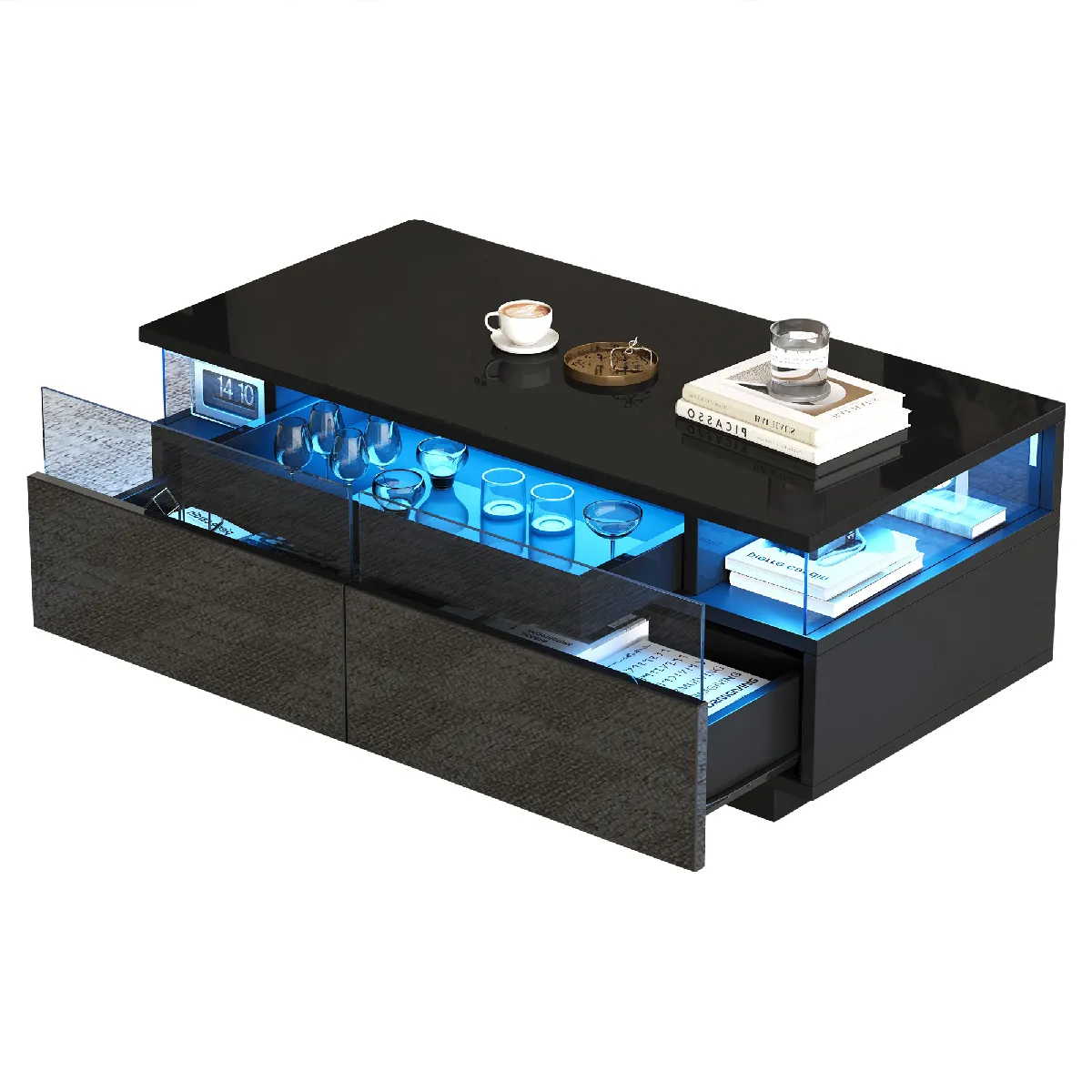 Table Basse Rectangulaire 90x45x35,5 Cm, 2 Tiroirs, LED, Espace De Rangement, MDF, Noir