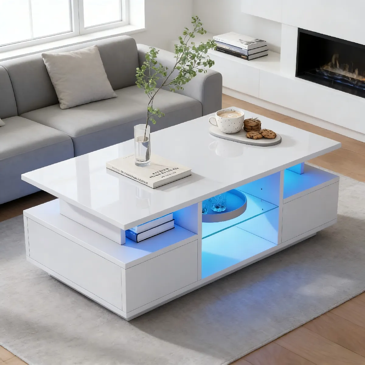 Table basse 100x50x36 cm 2 tiroirs LED panneau de particules blanc
