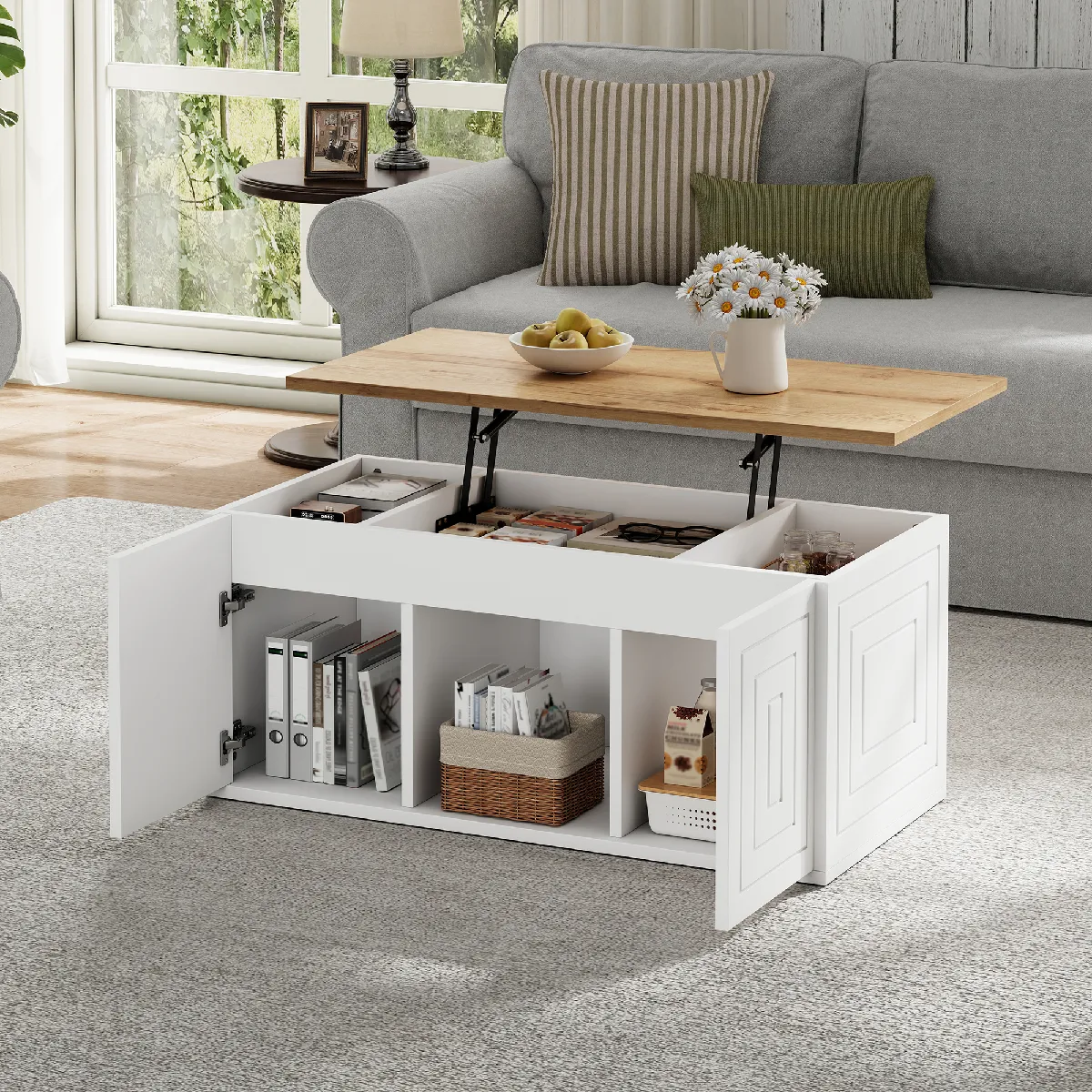 Table basse 95x46x45 cm relevable rangement panneaux blanc naturel