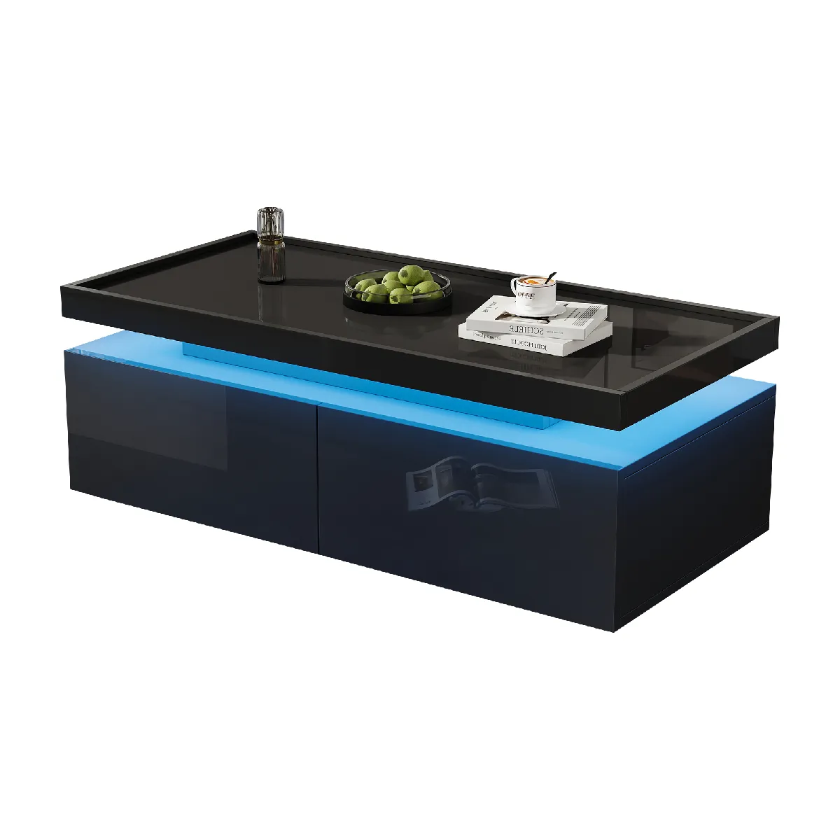 Table basse 95x45x35 cm LED, 2 tiroirs panneau de particules noir