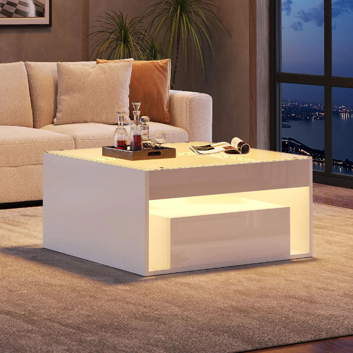 Table basse 70x70x35 cm 2 tiroirs LED verre trempé MDF blanc