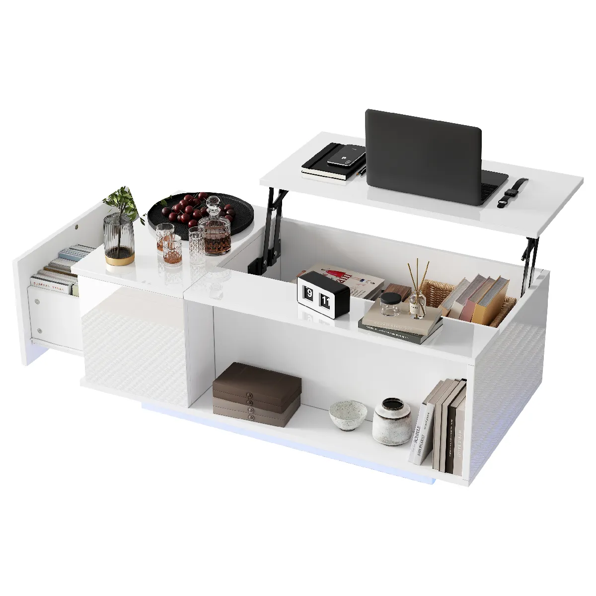 Table basse 100x50x40 cm relevable avec rangement panneau de particules blanc
