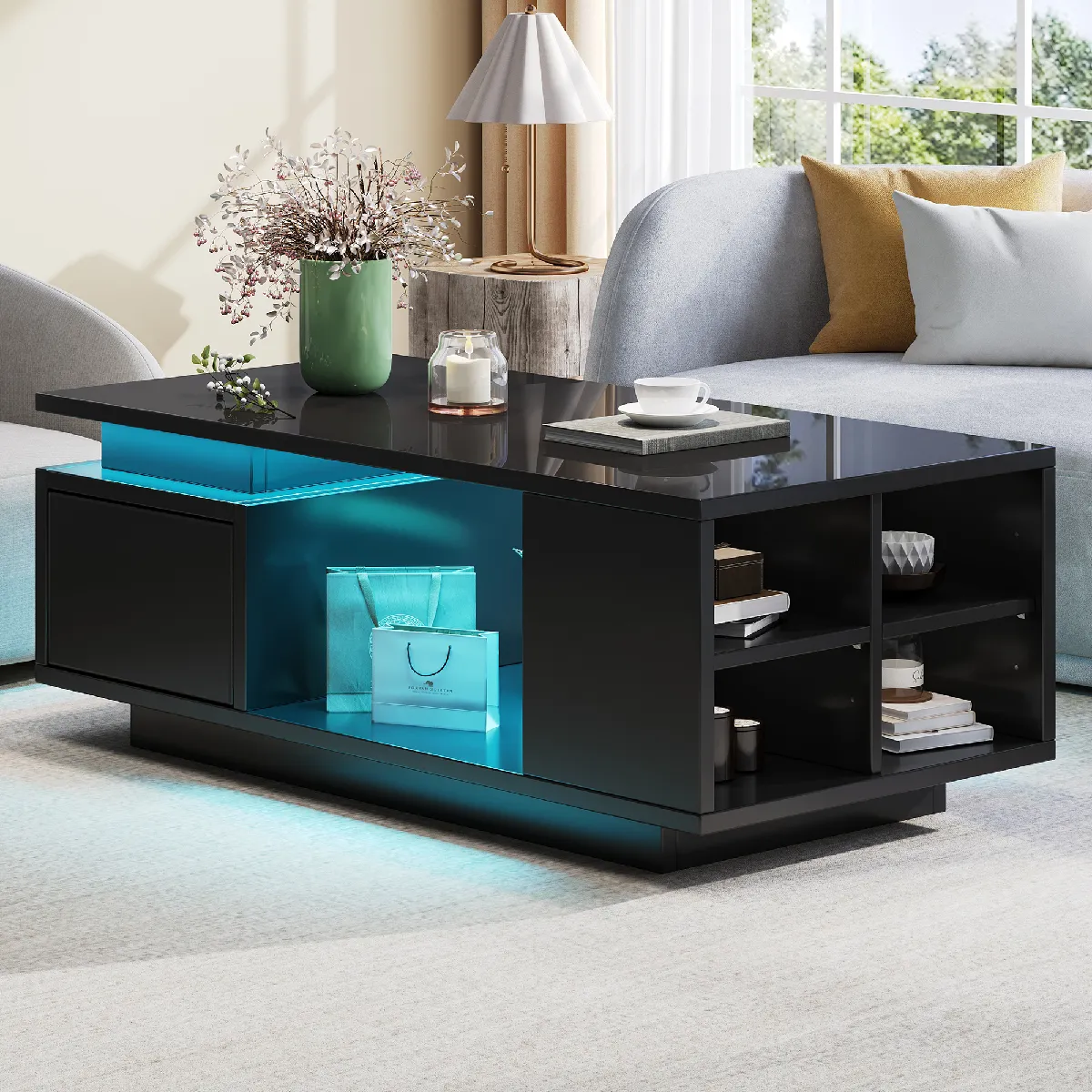 Table basse 100x50x36 cm LED avec rangement panneau de particules noir