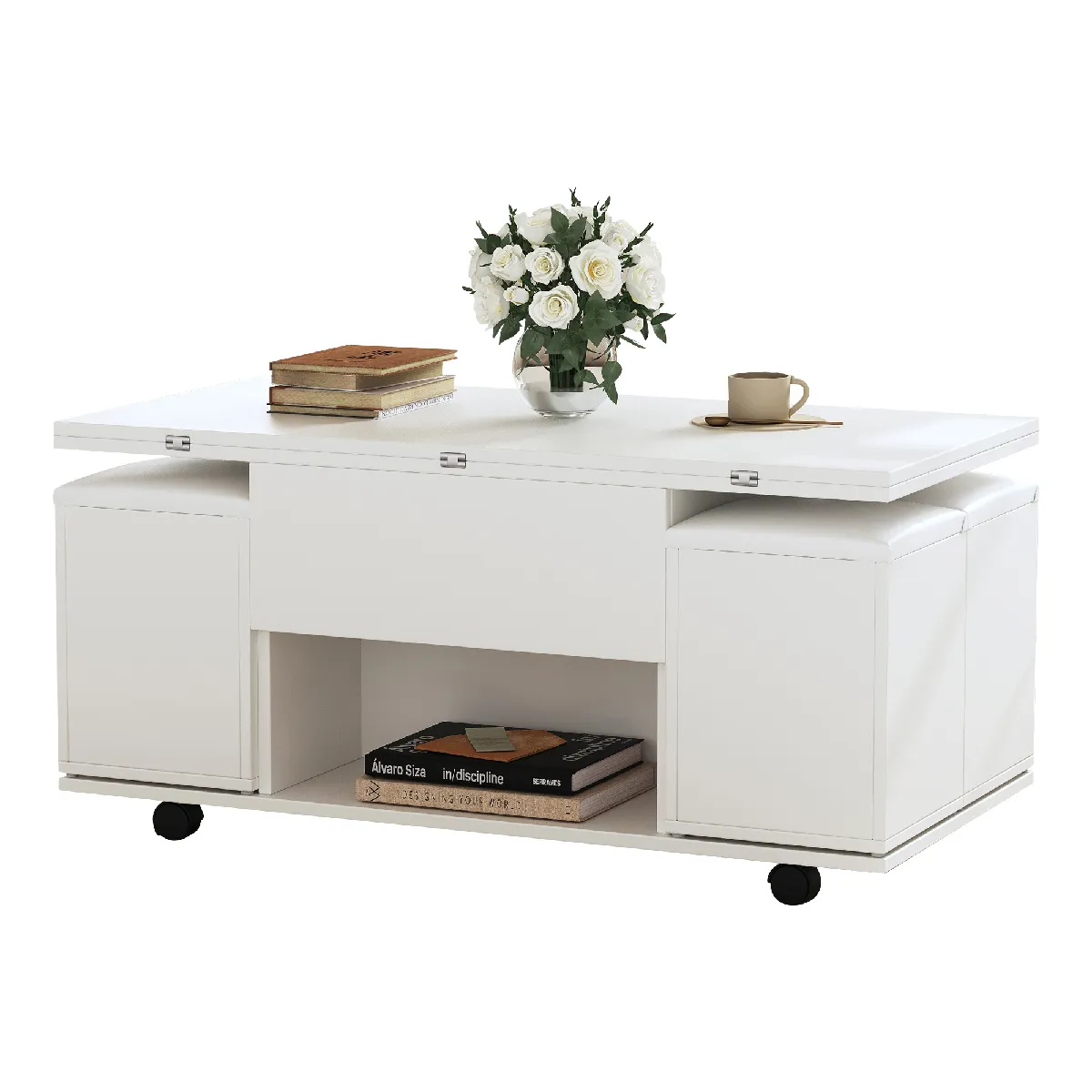 Table basse relevable 100x50x48 cm avec rangement, 4 tabourets, Panneaux particules, Blanc