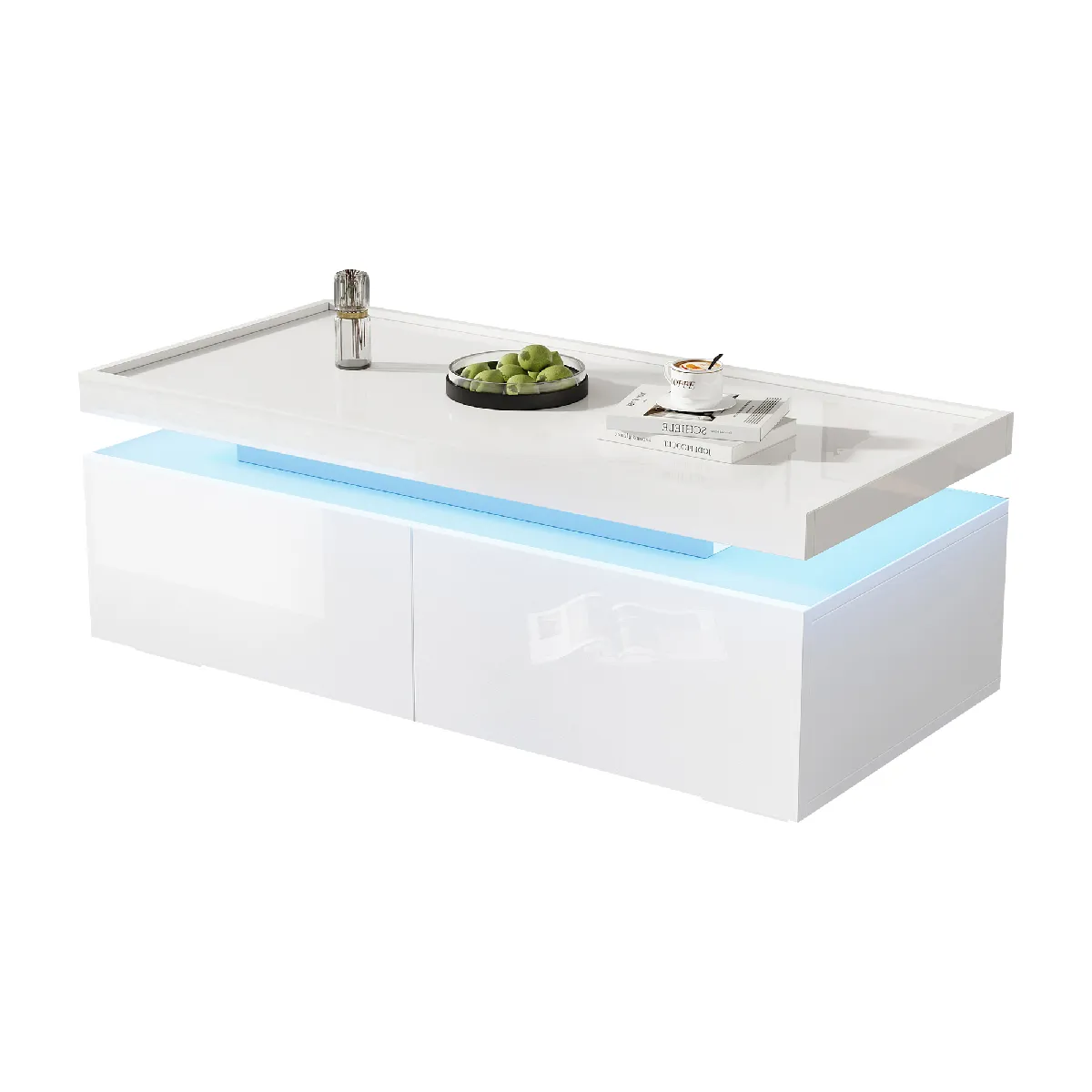 Table basse 95x45x35 cm LED, 2 tiroirs, panneaux de particules blanc