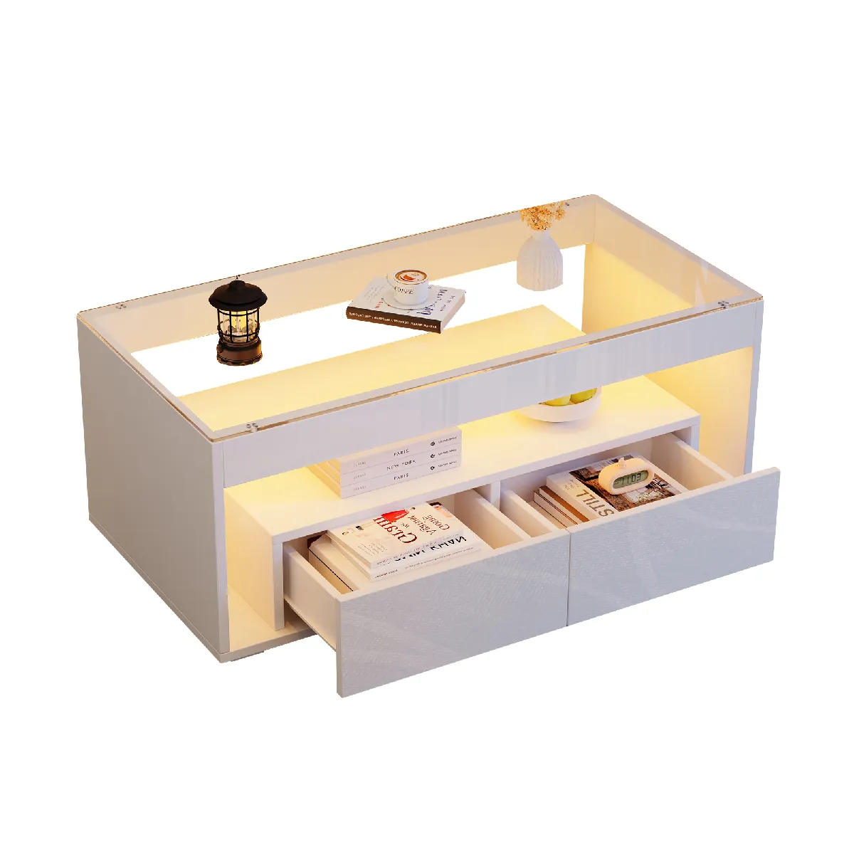 Table Basse LED 100x50x40cm, 2 Tiroirs, Panneaux De Particules, Finition Brillante, Blanc