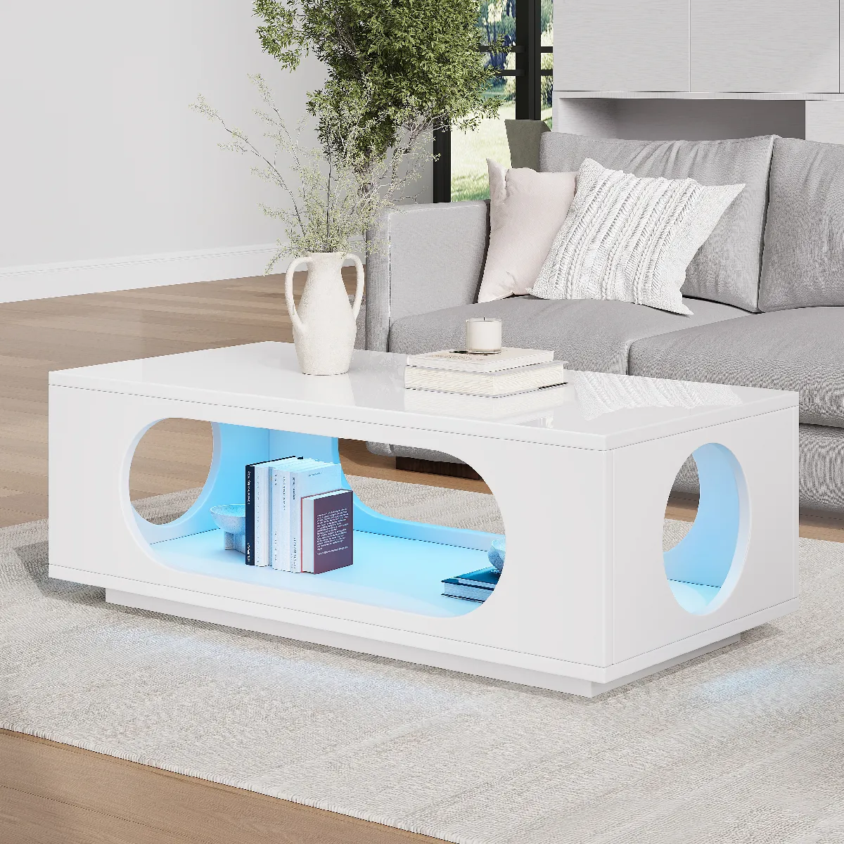 Table basse LED 100 x 50 x 35 cm avec rangement, finition brillante, MDF, blanc