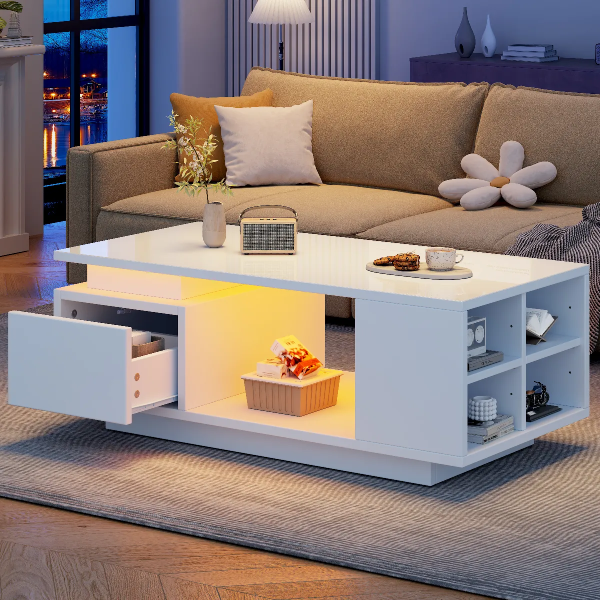 Table basse 100x50x36 cm LED et rangement panneau de particules blanc