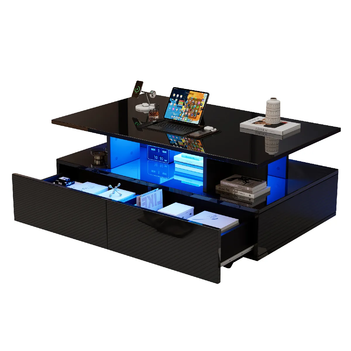Table Basse 90x55x41cm, Avec Éclairage LED, 2 Tiroirs, Panneaux De Particules, Noir