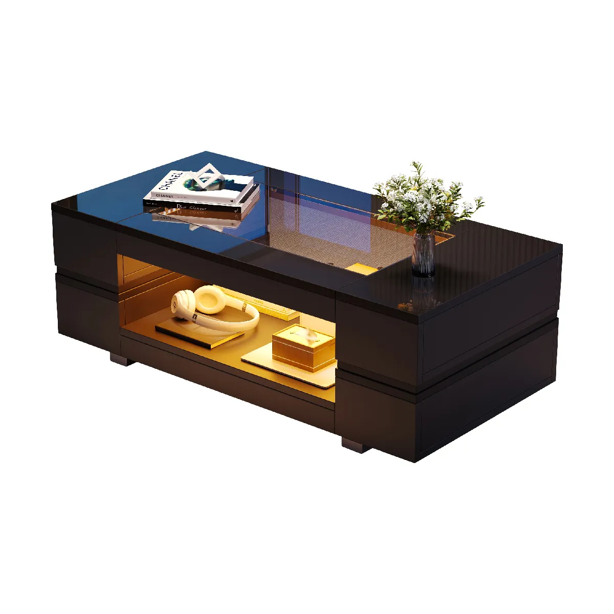 Table Basse LED 100x50x35cm Design Creux, Plateau Laqué, Panneaux De Particules,Noir