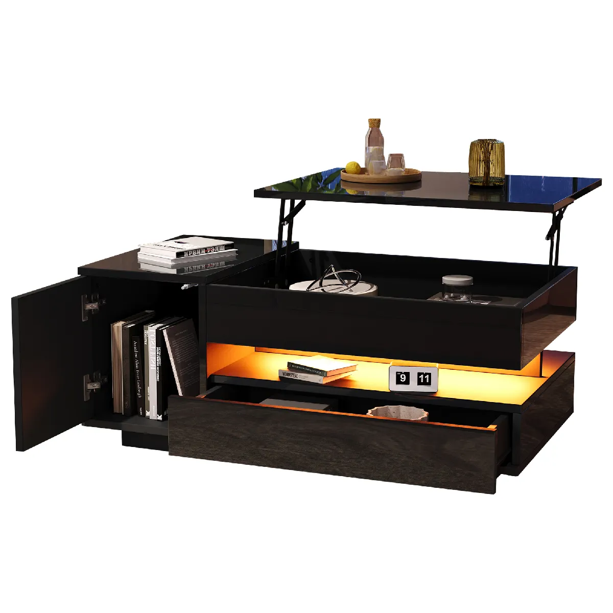 Table basse 95x50x40 cm relevable avec LED panneaux de particules noir