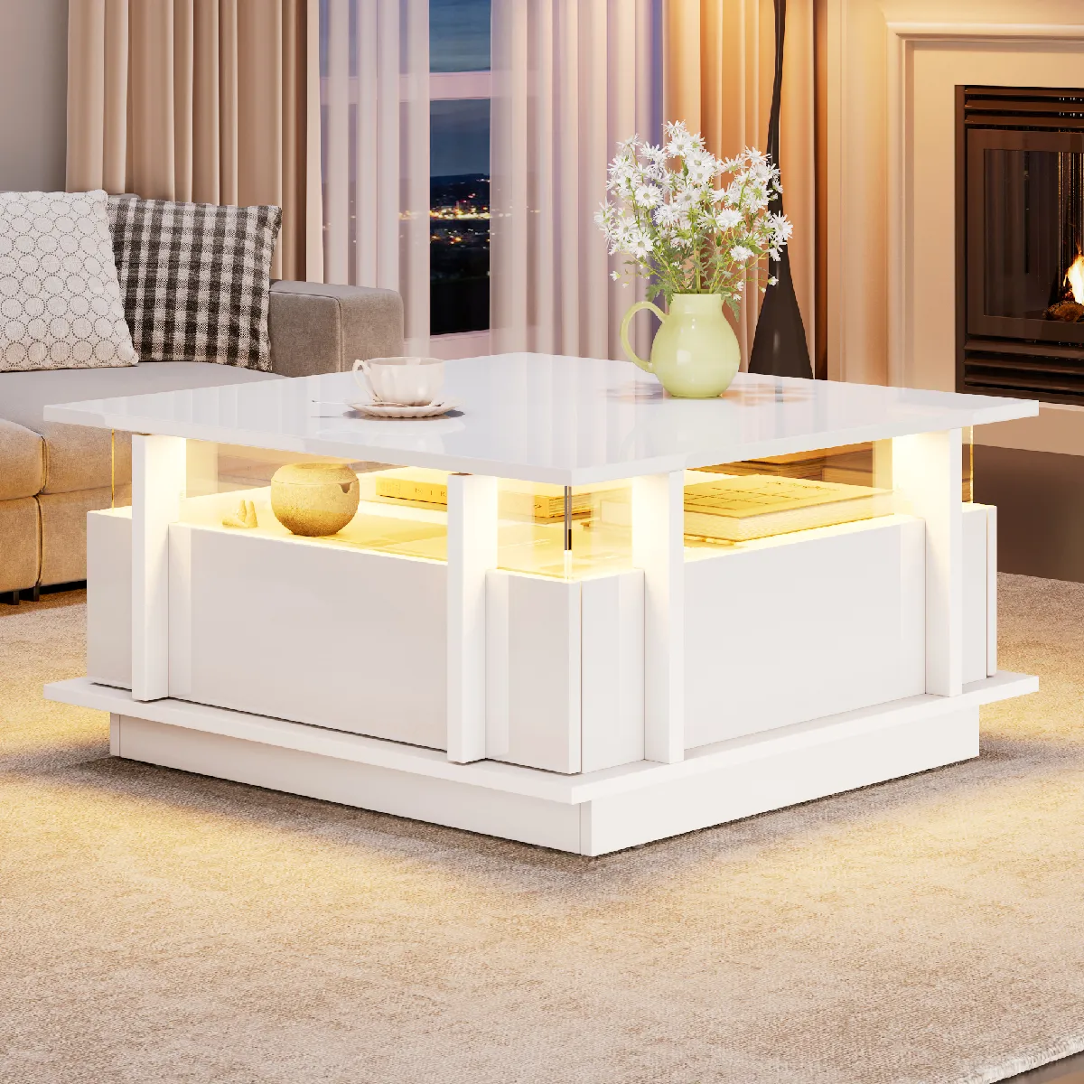Table basse 70x70x35 cm 2 tiroirs LED panneau de particules blanc