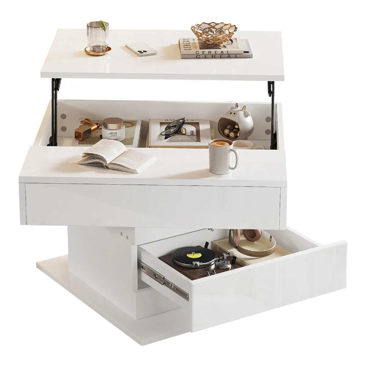 Table basse 70x70x45 cm plateau relevable rotatif panneau de particules blanc
