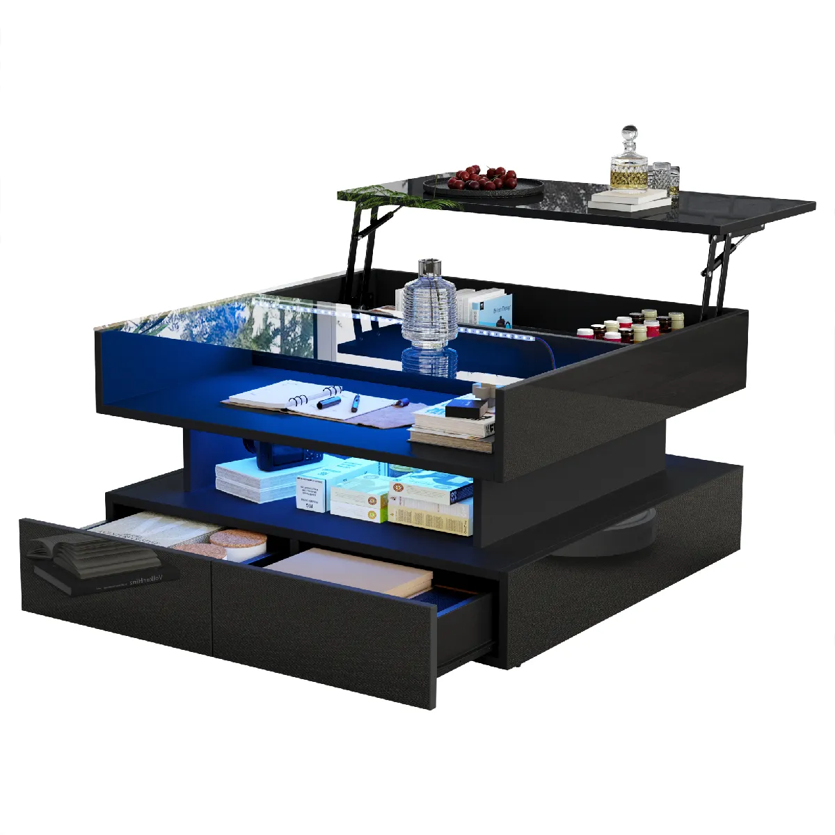 Table basse relevable 80x80x45 cm LED, rangements, verre trempé, Panneaux particules, Noir