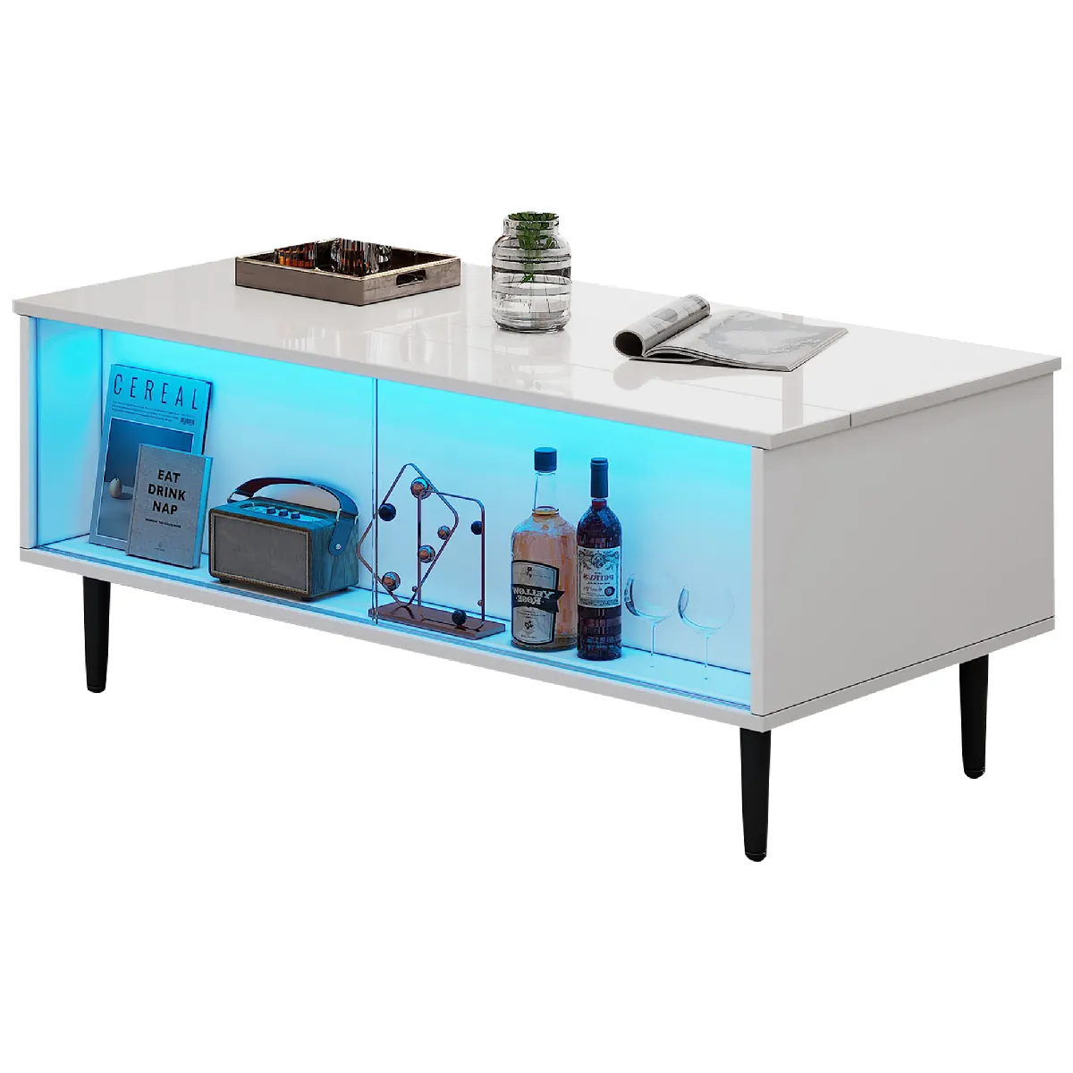 Table Basse Relevable 105 Cm avec rangement caché et LED, verre trempé et MDF, blanc
