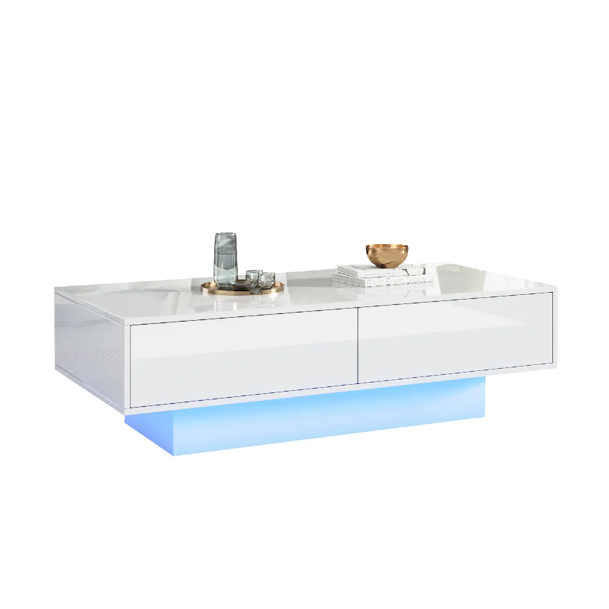 Table basse 115x55x34 cm 2 tiroirs LED panneaux de particules blanc