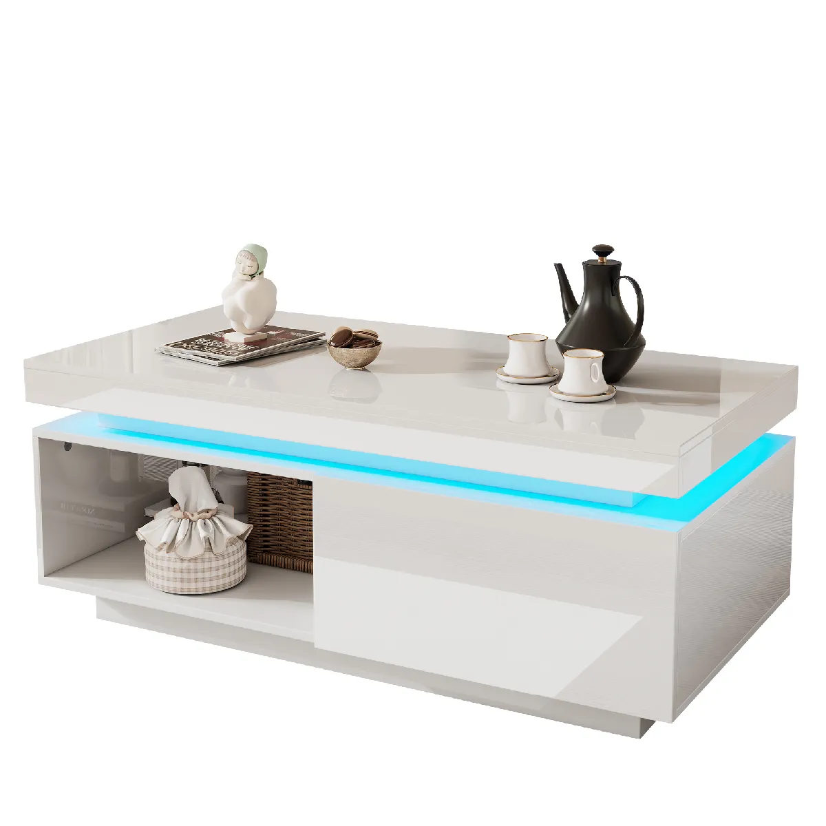 Table Basse Moderne 100x50x40cm, Avec Éclairage LED, 1 Tiroir, Panneaux particules, Blanc