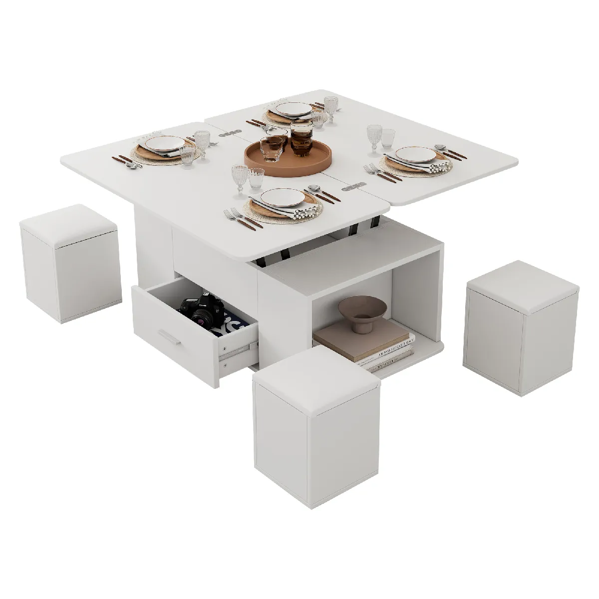 Table basse 100x50x45 cm relevable avec rangement panneau de particules blanc