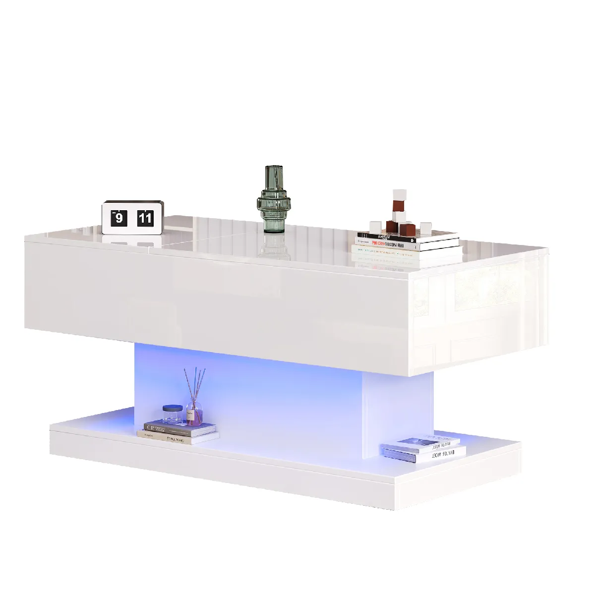 Table basse 100x50x45 cm plateau relevable LED panneau de particules blanc