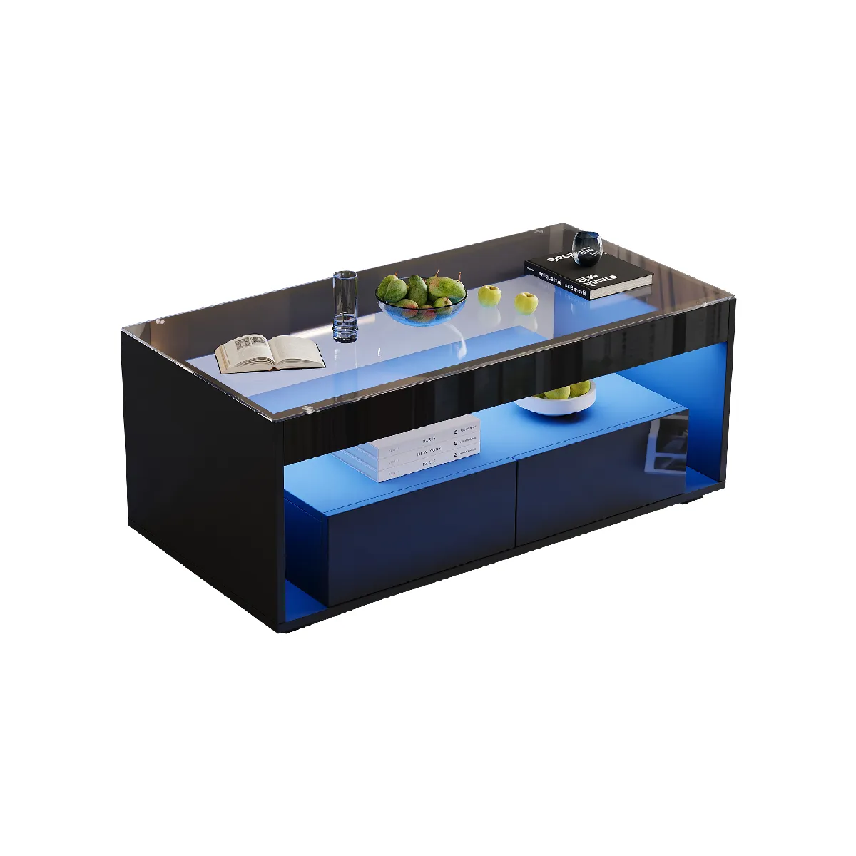 Table Basse LED Moderne 100x50x40cm, 2 Tiroirs, Panneaux De Particules, Noir