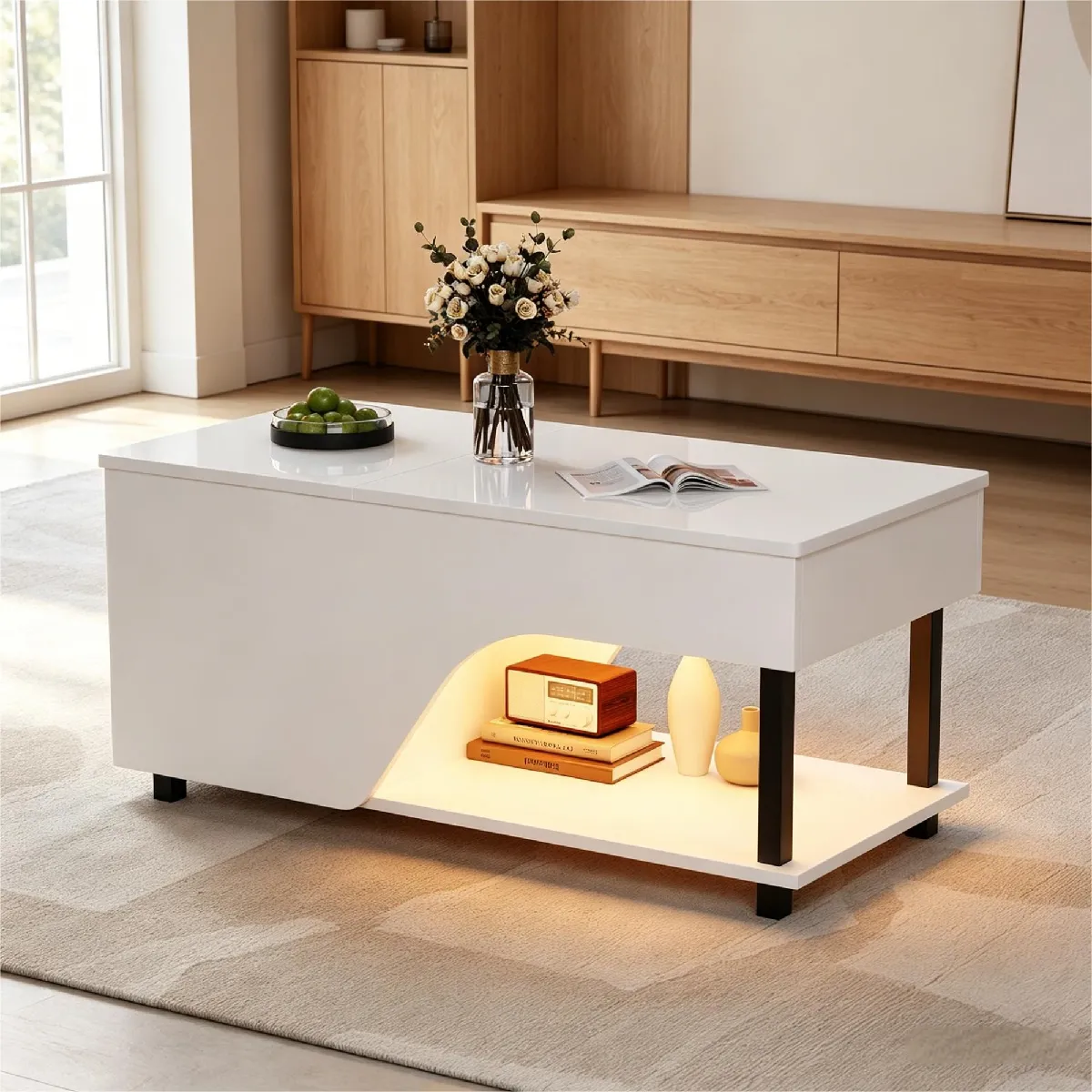 Table basse 100x50x46 cm relevable, rangement caché aggloméré, Panneaux particules, blanc