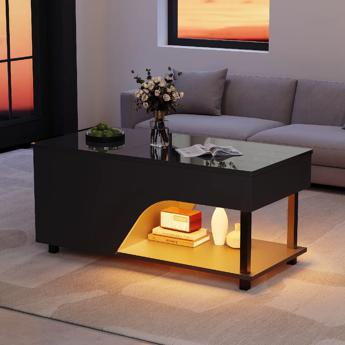 Table basse 100x50x46 cm relevable rangement caché panneau de particules noir