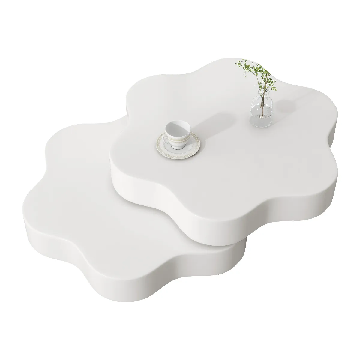 Table Basse Design Fleur 74,8-97x67,5x31 Cm Avec Plateau Pivotant, 2 Étagères, Mdf, Blanc