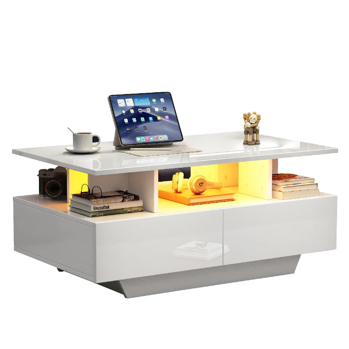 Table Basse 90x55x41cm, Avec Éclairage LED, 2 Tiroirs, Panneaux De Particules, Blanc