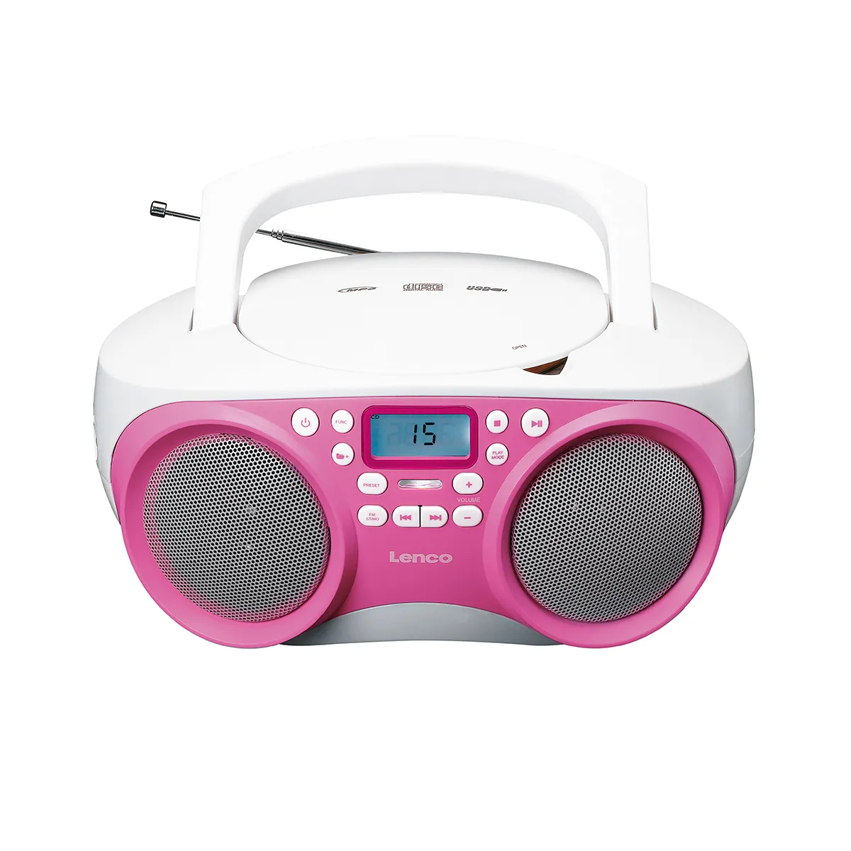LENCO  Radio St&eacute;r&eacute;o FM Port USB avec Lecteur CD/MP3 et Antenne T&eacute;lescopique Blanc / Rose