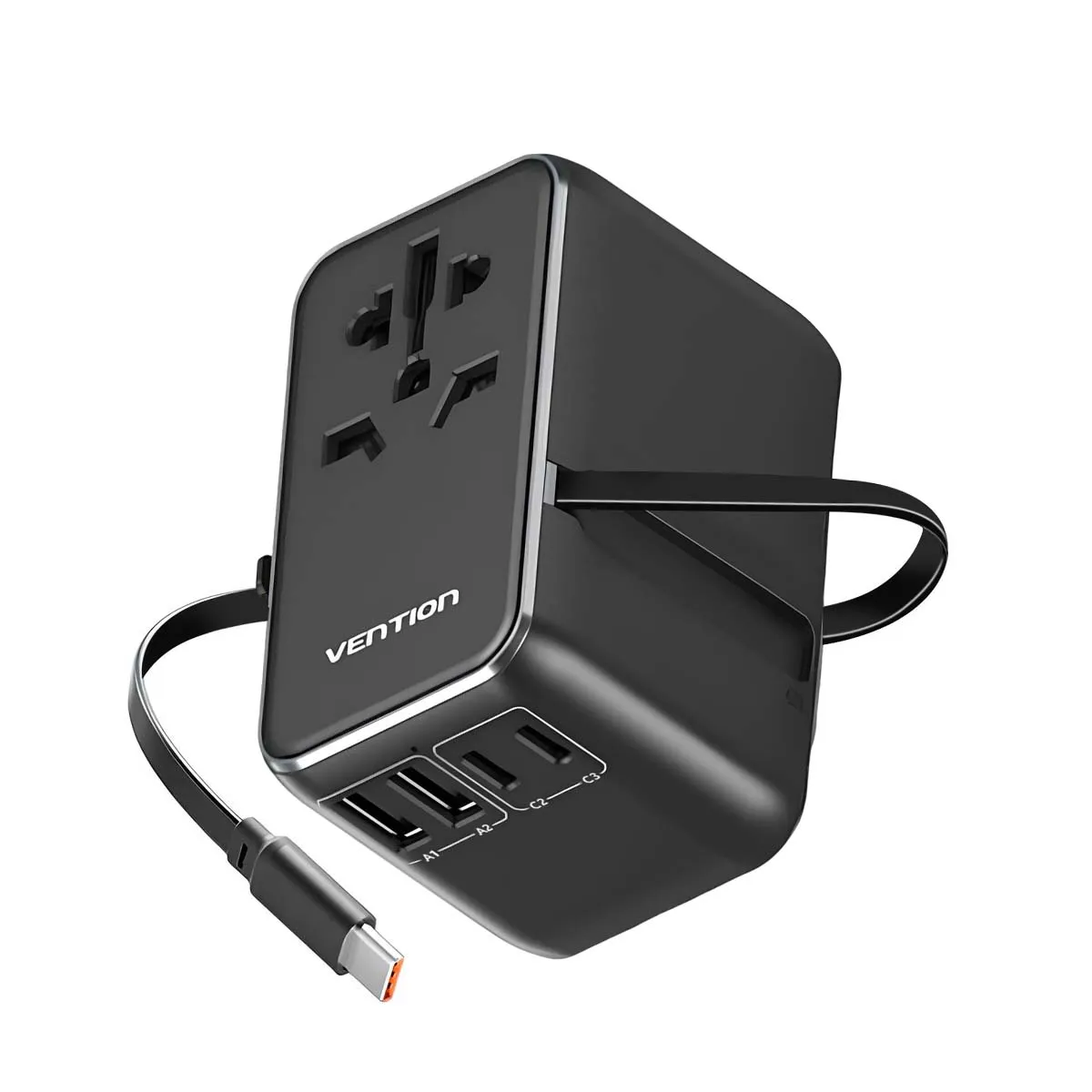 Vention Noir Adaptateur De Voyage Universel 4 Ports Usb Avec Câble Usb-C Technologie Gan