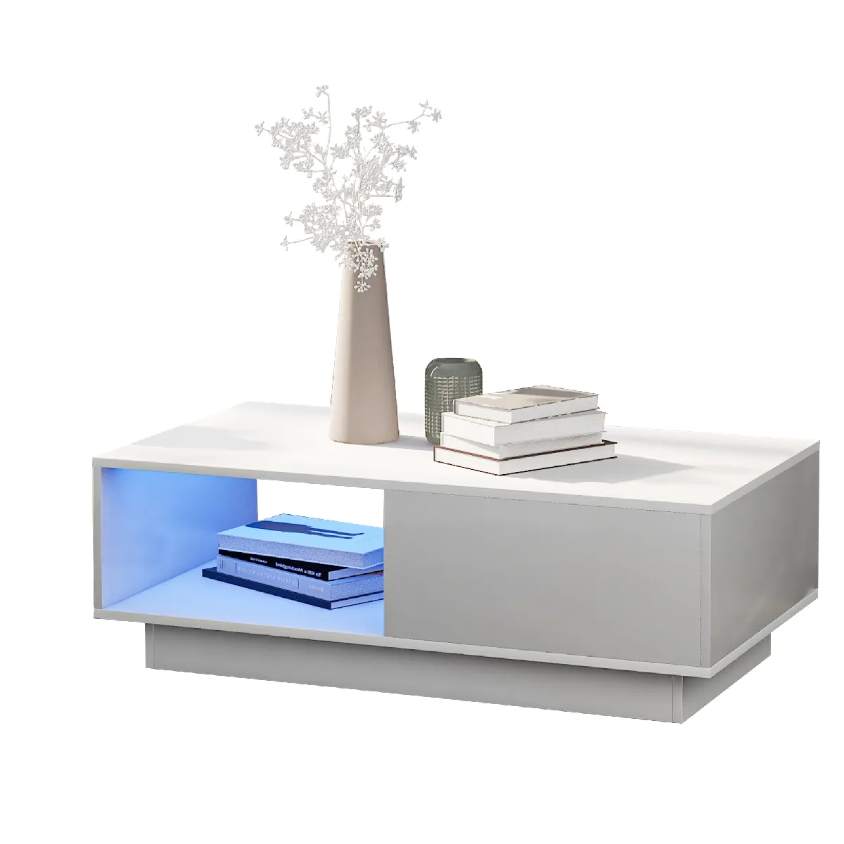 Table basse 95x55x32 cm éclairage LED panneau de particules blanc