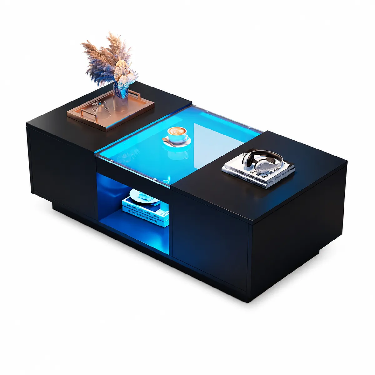 Table basse 100x50x35.5 cm LED, 2 tiroirs panneau de particules noir
