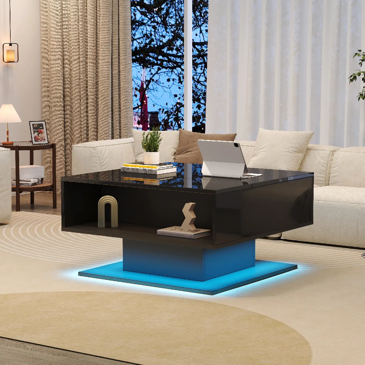 Table Basse Relevable 80x75x40 Cm, LED, Espace De Rangement, Panneaux Particules, Noir