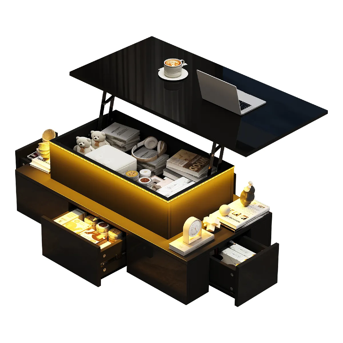 Table basse 100x50x40 cm plateau relevable LED MDF noir