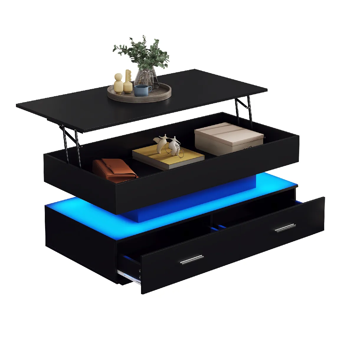 Table basse 100x50x44 cm relevable LED, 2 tiroirs panneau de particules noir