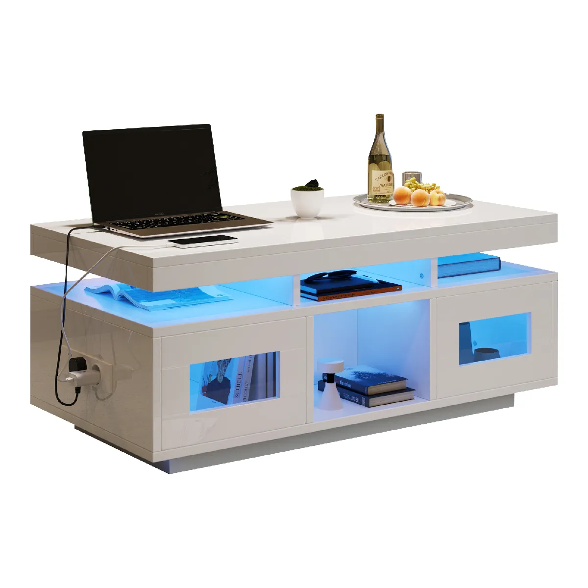 Table basse 100x50x43 cm LED et rangement panneau de particules blanc