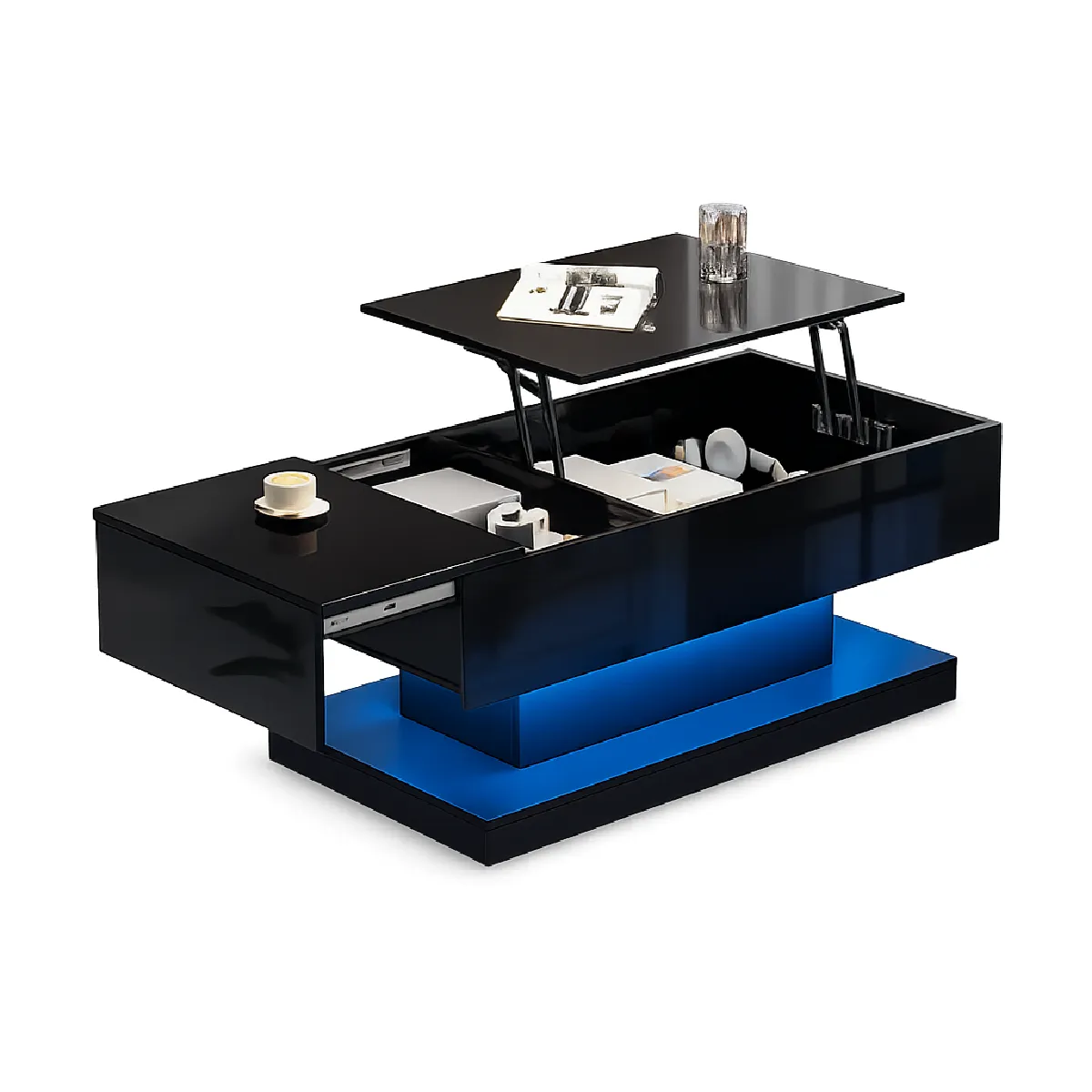 Table Basse 100x50x45 Cm Laqué Brillant Avec Éclairage LED Panneaux De Particules Noir