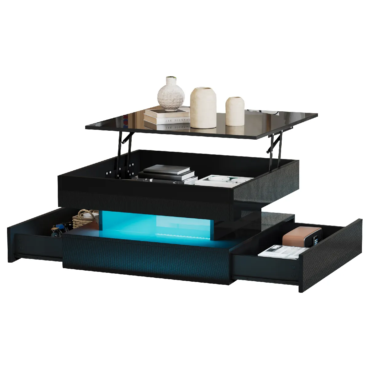 Table basse 65x65x38.5 cm relevable, rangement LED, panneau de particules noir