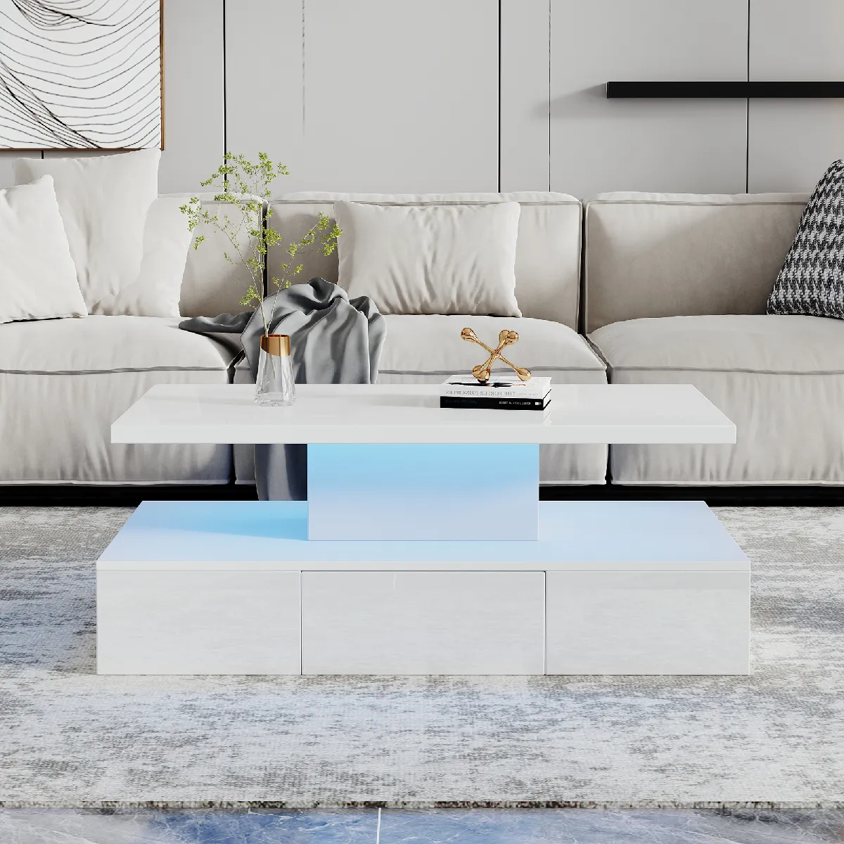 Table Basse Double Couche 100x50x39cm, LED 16 Couleurs, 1 Tiroir, Blanc Brillant