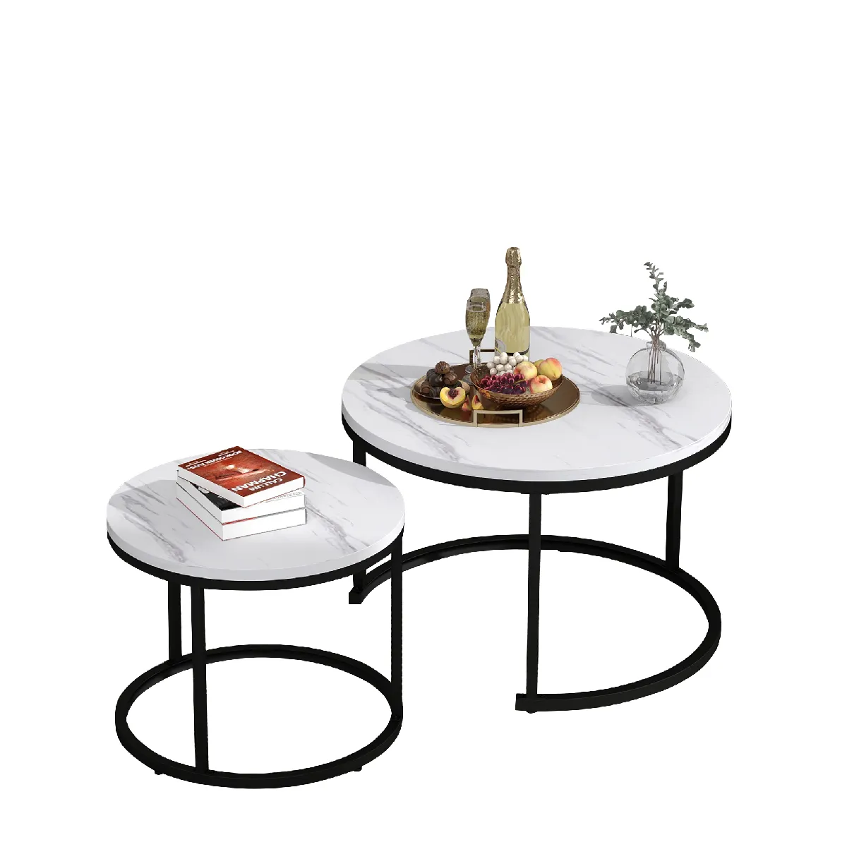 Tables basses gigognes 50x70.5 cm et 45.5x44 cm, rondes MDF marbre blanc