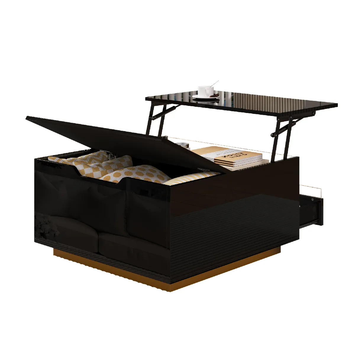Table basse 70x70x38 cm relevable avec rangement, panneau de particules noir