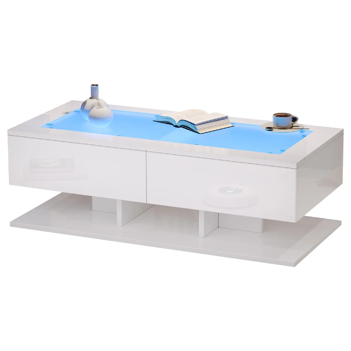 Table basse 100x50x35 cm 2 tiroirs LED panneaux de particules verre trempé blanc