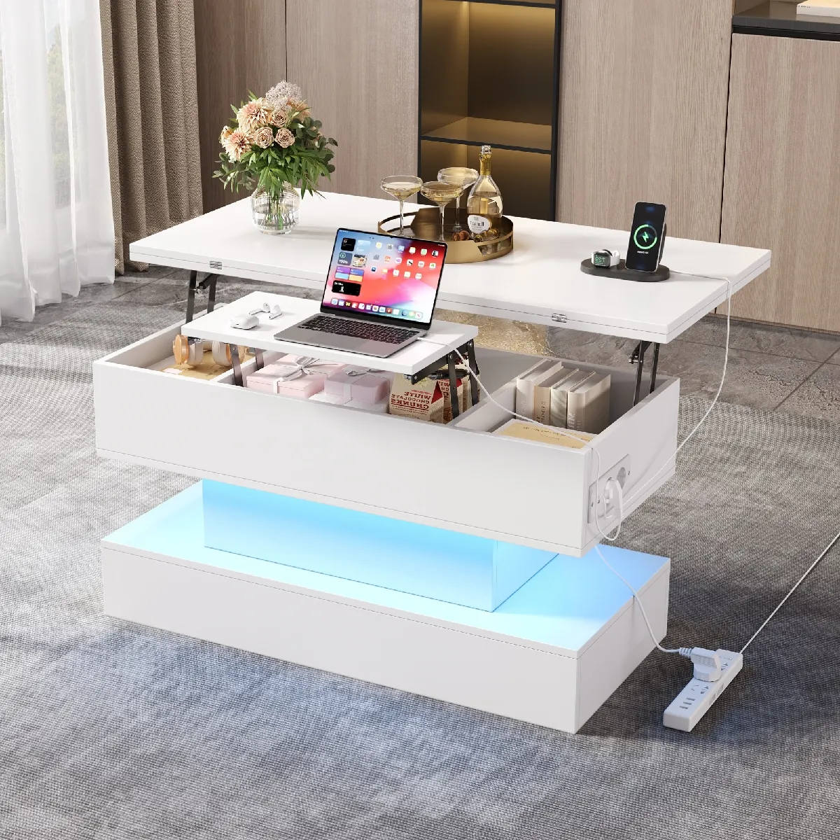 Table Basse Relevable 100x50x51,5 Cm, USB, LED, Rangement, Plateau Extensible, Mdf, Blanc