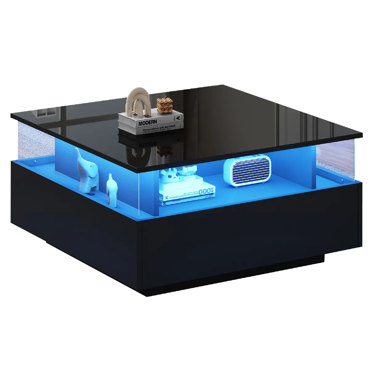 Table basse 70x70x41 cm LED 2 tiroirs, panneau de particules noir