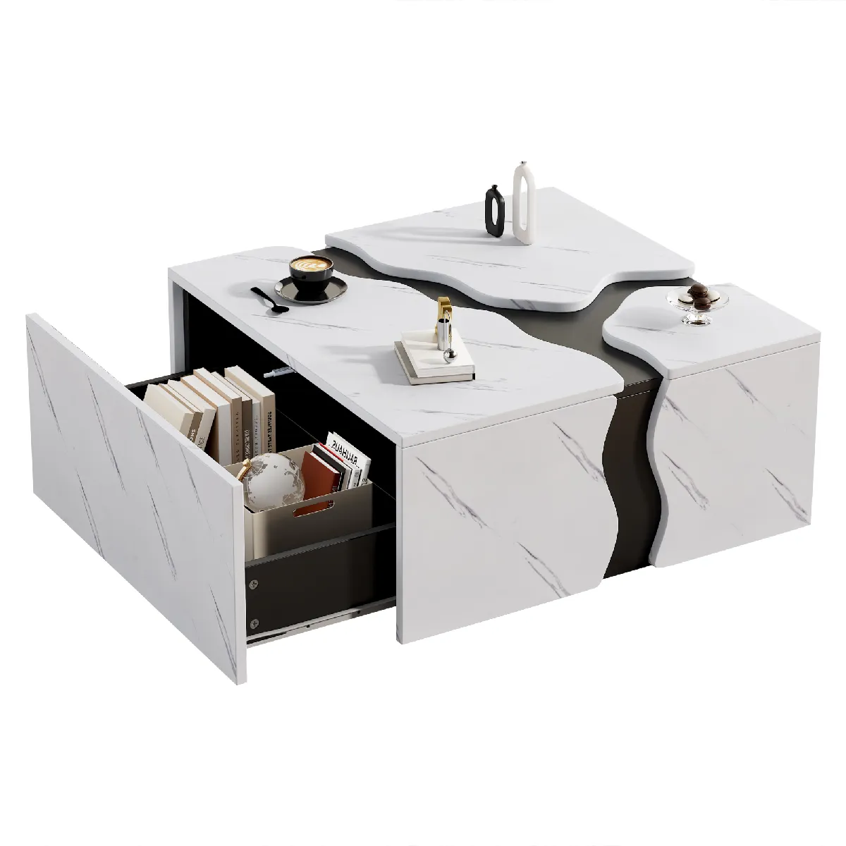 Table basse 70x70x31 cm 1 tiroir marbré panneau de particules blanc